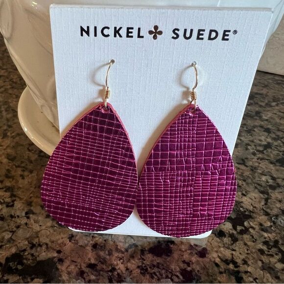 Nickel & Suede Full Grain Leather Nickel Free Textured Fuchsia Teardrop Earrings - Picture 3 of 12